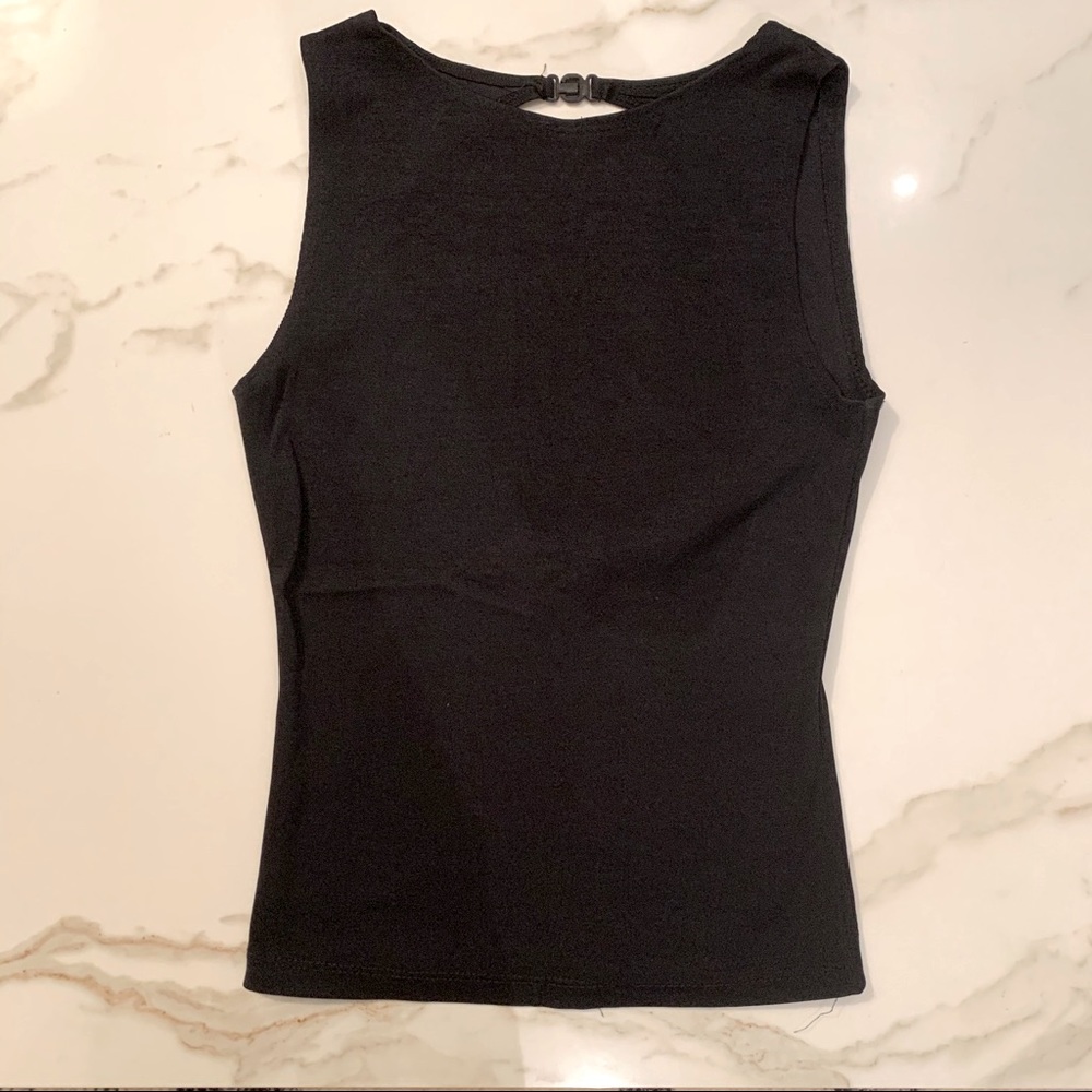 Black open back high scoop neck tank top